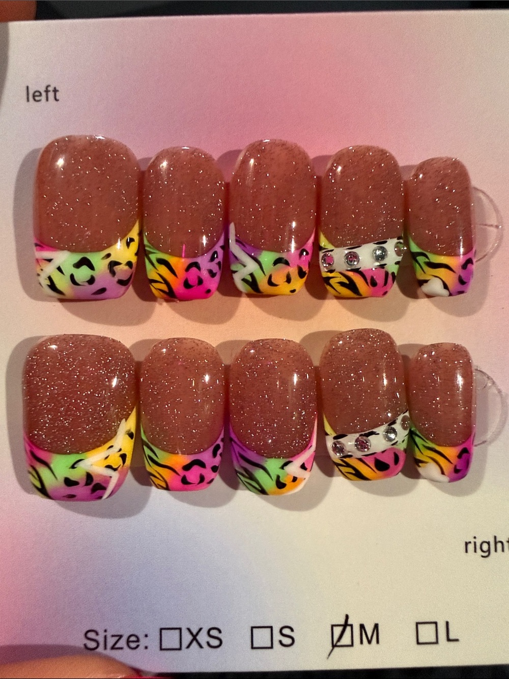 Neutral Glitter Press-On Nails with Neon Leopard Tip Design